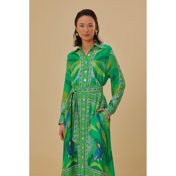 FARM Rio Dresses & Skirts - Farm Rio Macaw Scarf Chemise Tropical Parrot Green Midi Shirt Dress Belted S